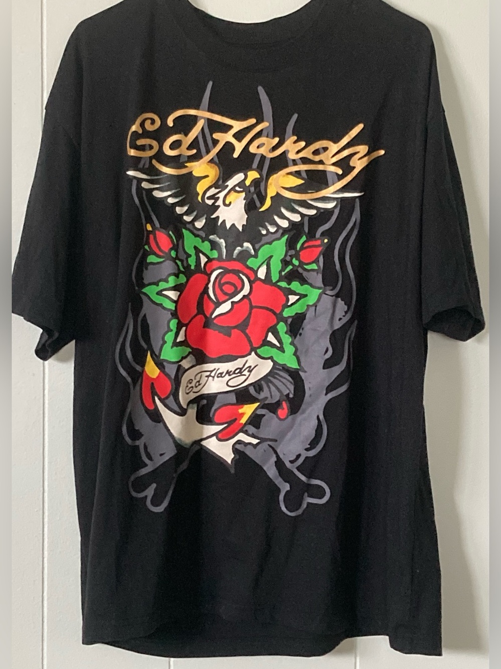 Ed Hardy Mens XL Black Tee with Red Rose, Green Leaves and Gold Script NEW